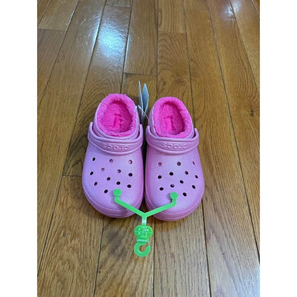 New Crocs Classic Lined Glitter Clog K Kids J3 Pink Sparkle‎ Fuzzy Warm size 3